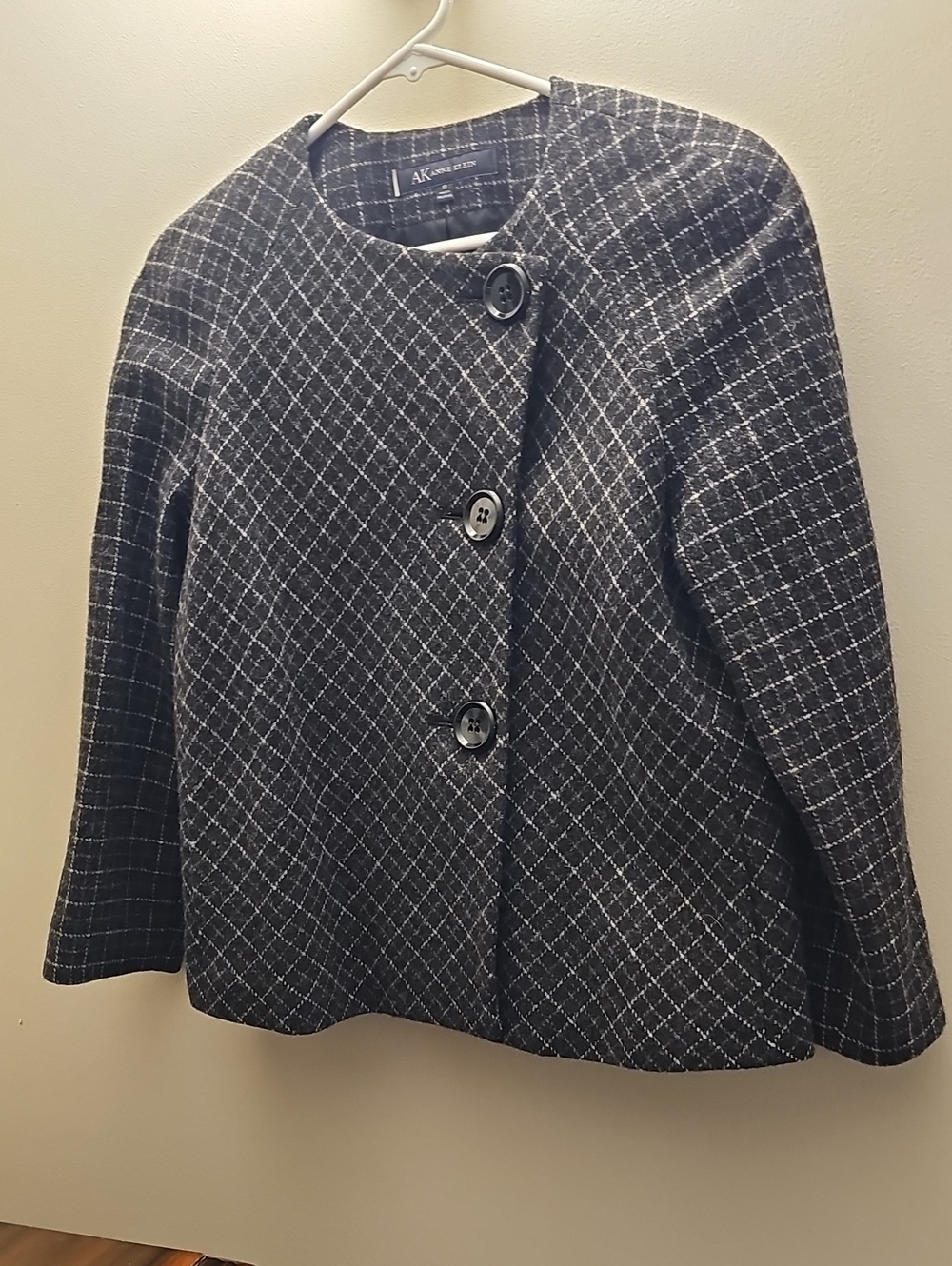 Anne Klein Black & White Lambs Wool Windowpane Round-Neck Jacket